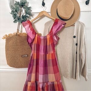 Plaid Midi Dress Ruffled Sleeves